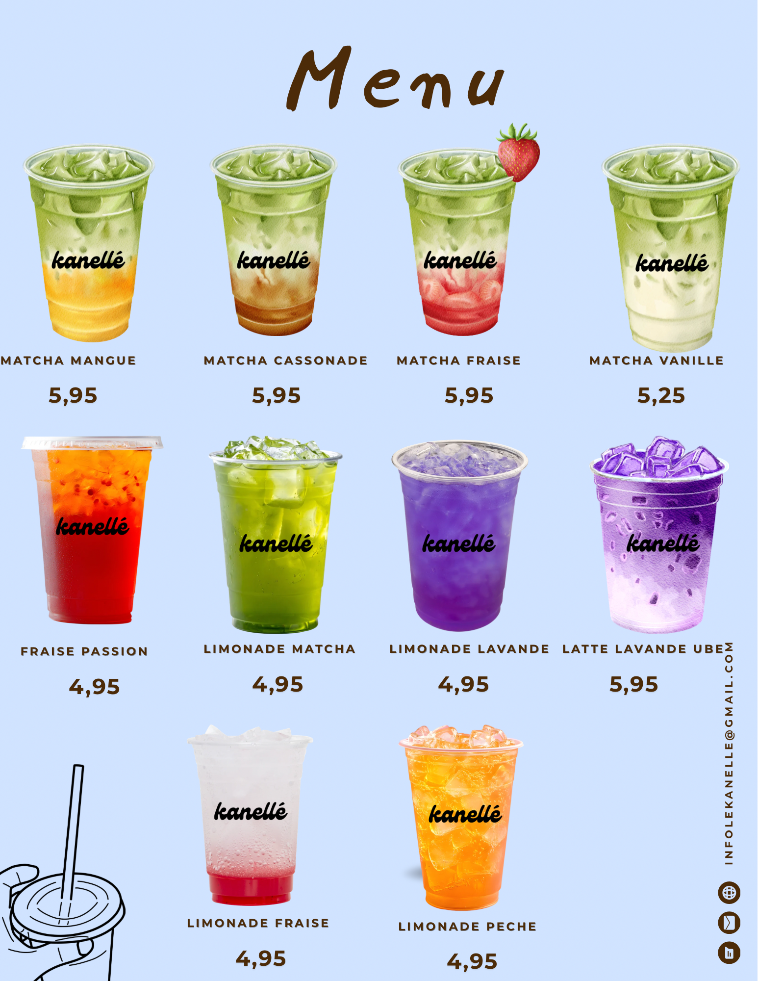 Menu des boissons Kanellé — matcha, limonades et lattes